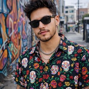 David Carey Shirt Mens L Dia de los Muertos Day Of Dead Candy Skulls Floral AOP